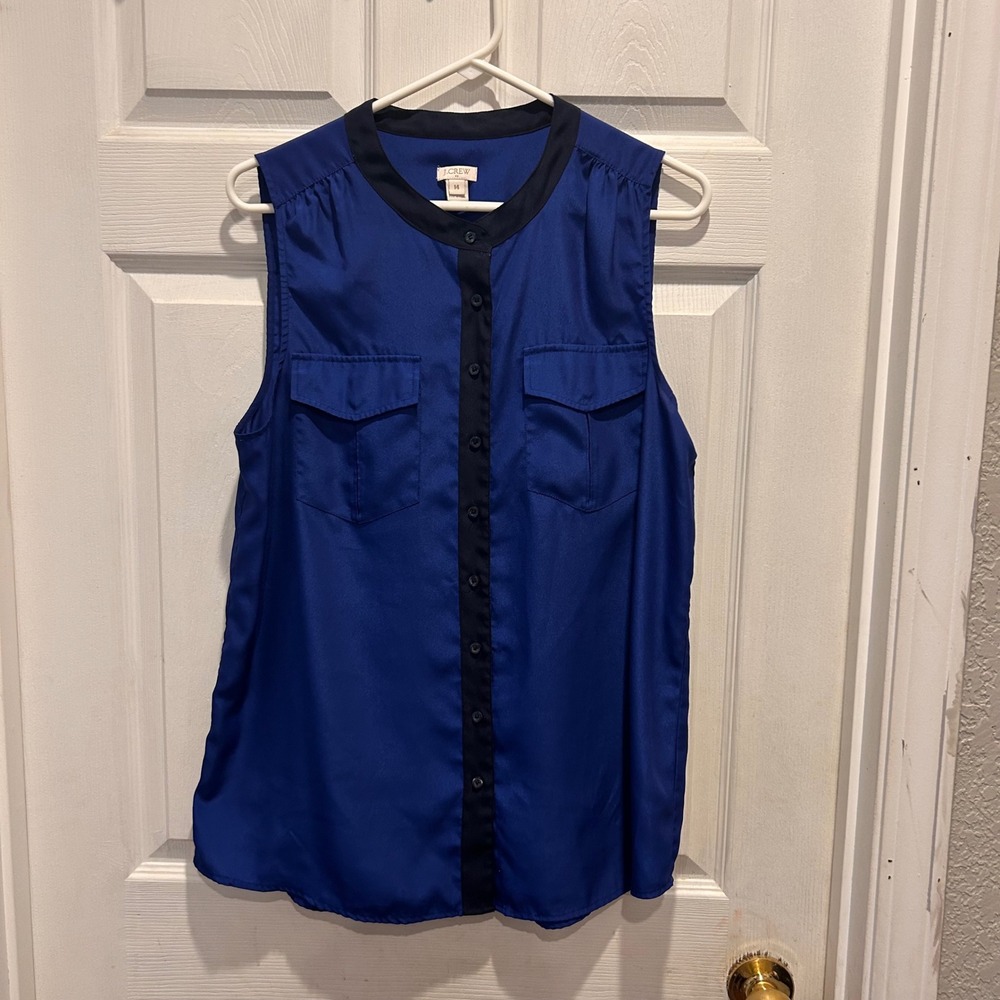 J.Crew Womens Sleeveless Button Up Blouse Colorblock Blue Navy Sz 14 Career